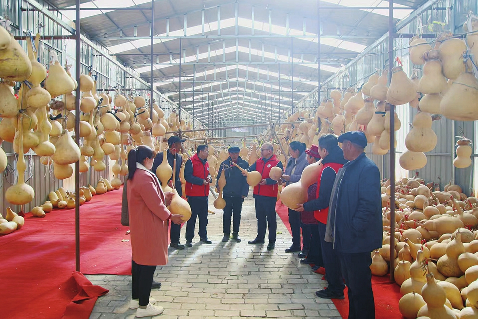 呂梁市委政法委駐興縣蔡家會鎮獅子洼村第一書記和工作隊隊員與村民劉俊連交流葫蘆雕刻藝術。